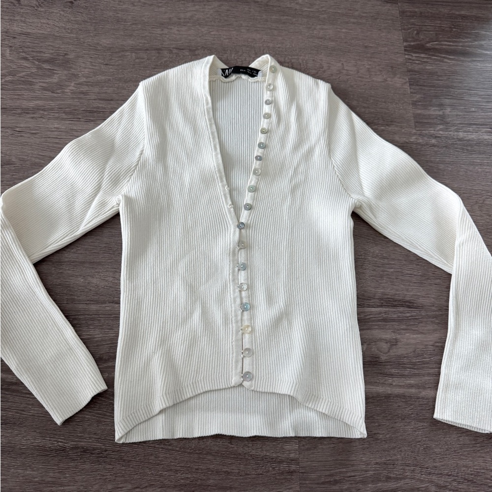 Zara Cream Ribbed Button-Up Top